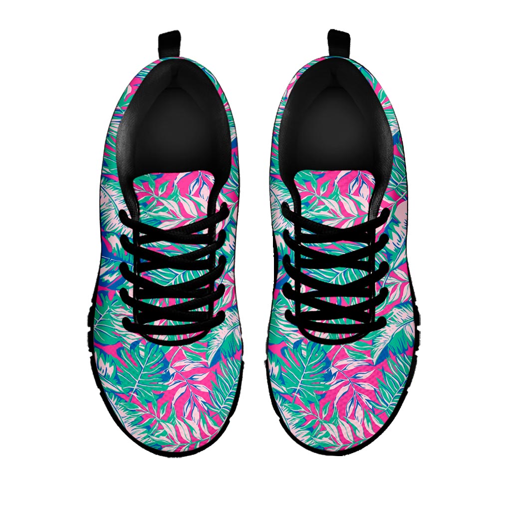 Teal Pink Blossom Tropical Pattern Print Black Running Shoes