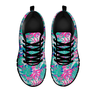 Teal Pink Blossom Tropical Pattern Print Black Running Shoes