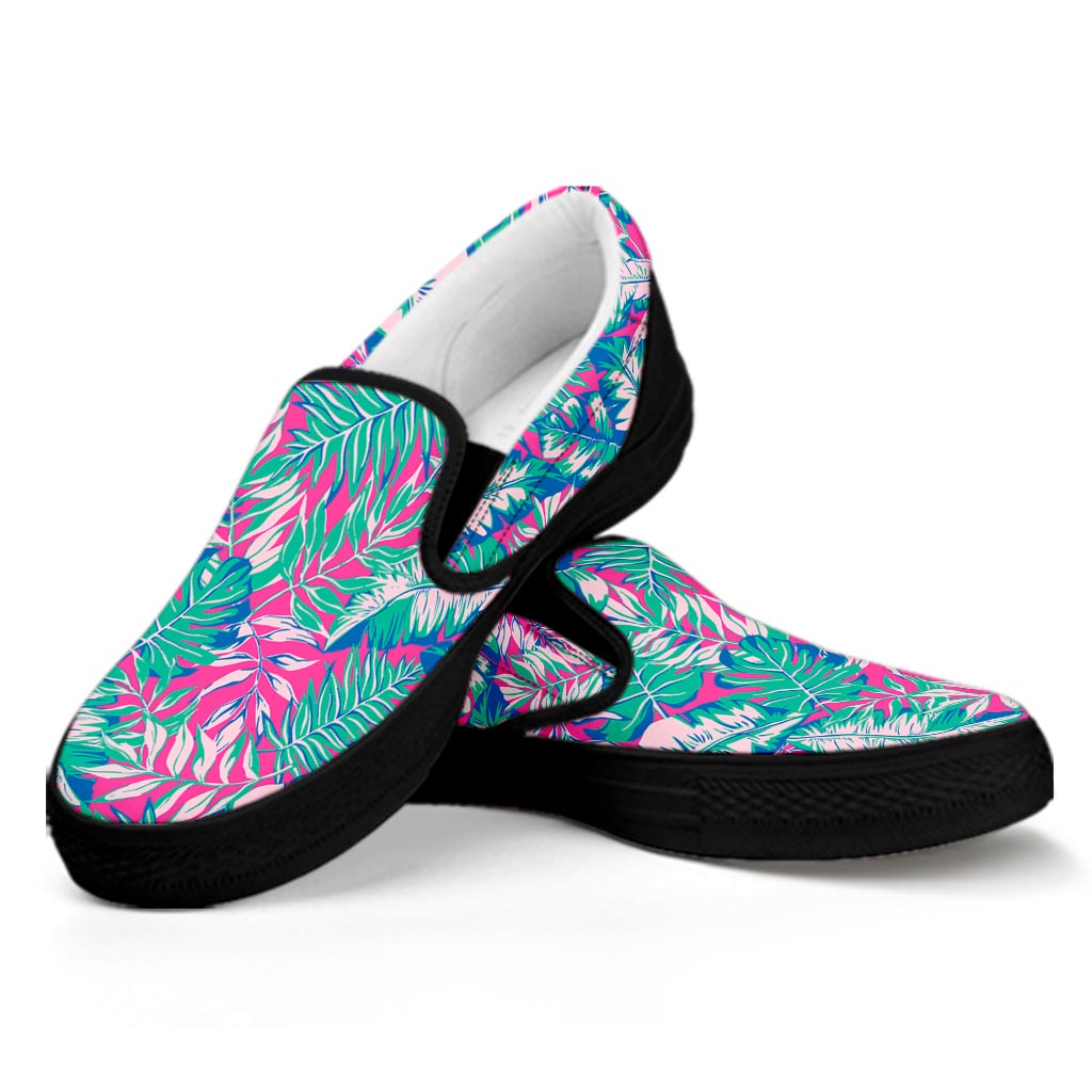 Teal Pink Blossom Tropical Pattern Print Black Slip On Sneakers