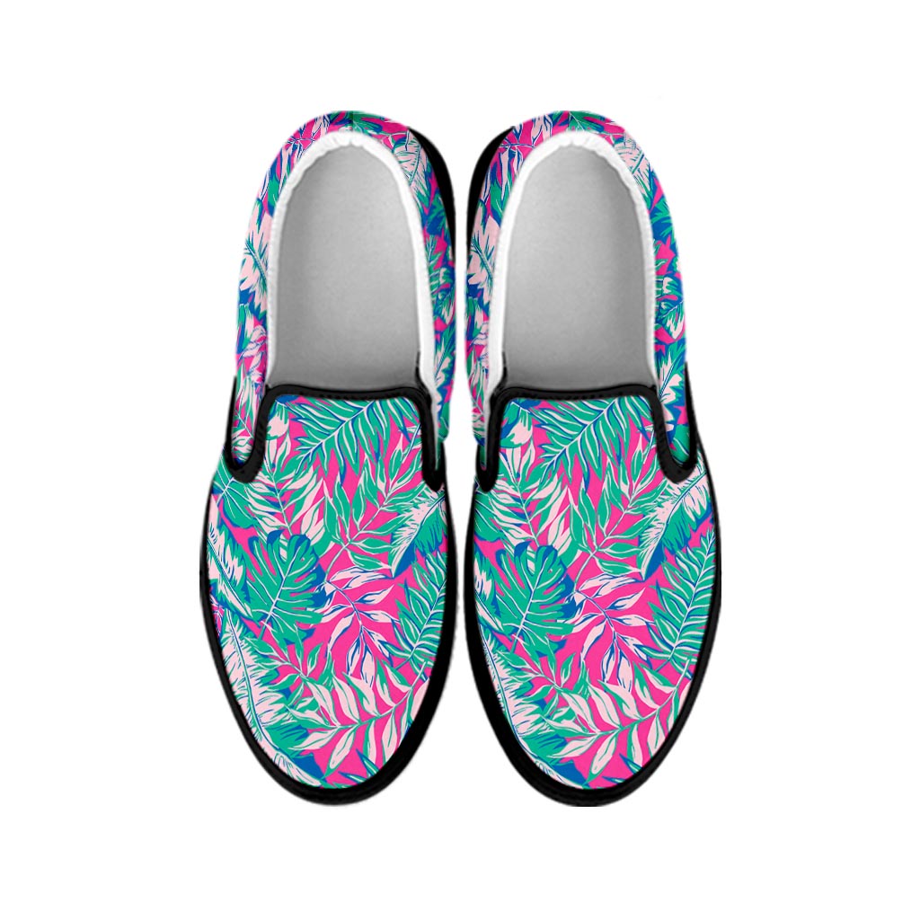 Teal Pink Blossom Tropical Pattern Print Black Slip On Sneakers