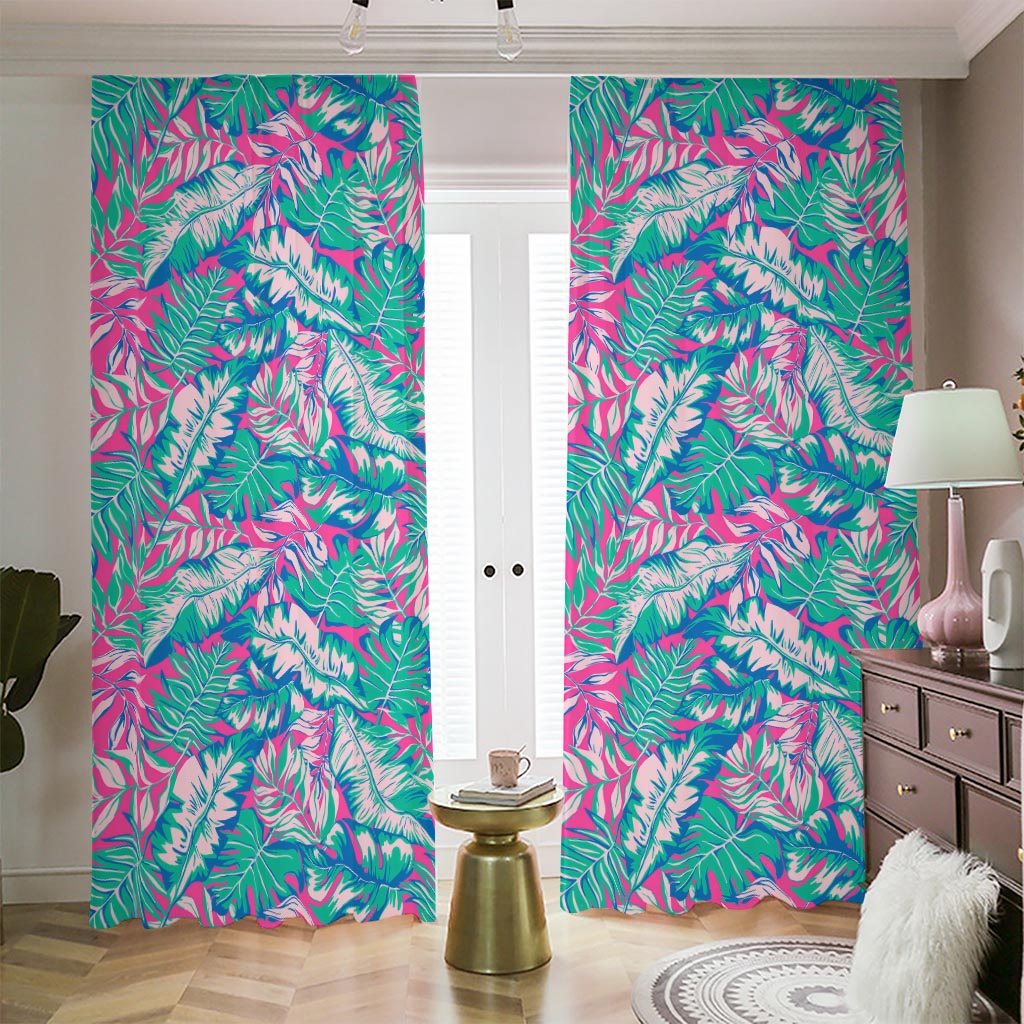Teal Pink Blossom Tropical Pattern Print Blackout Pencil Pleat Curtains