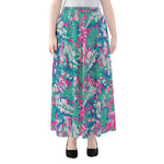 Teal Pink Blossom Tropical Pattern Print Chiffon Maxi Skirt
