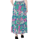 Teal Pink Blossom Tropical Pattern Print Chiffon Maxi Skirt