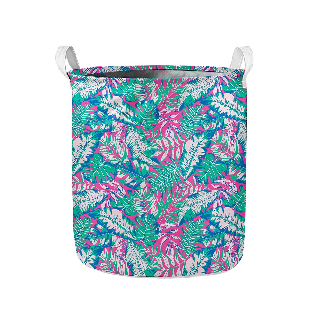 Teal Pink Blossom Tropical Pattern Print Collapsible Laundry Basket