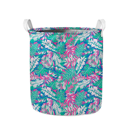 Teal Pink Blossom Tropical Pattern Print Collapsible Laundry Basket