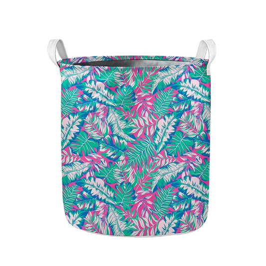 Teal Pink Blossom Tropical Pattern Print Collapsible Laundry Basket