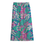 Teal Pink Blossom Tropical Pattern Print Cotton Front Slit Maxi Skirt