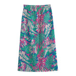 Teal Pink Blossom Tropical Pattern Print Cotton Front Slit Maxi Skirt