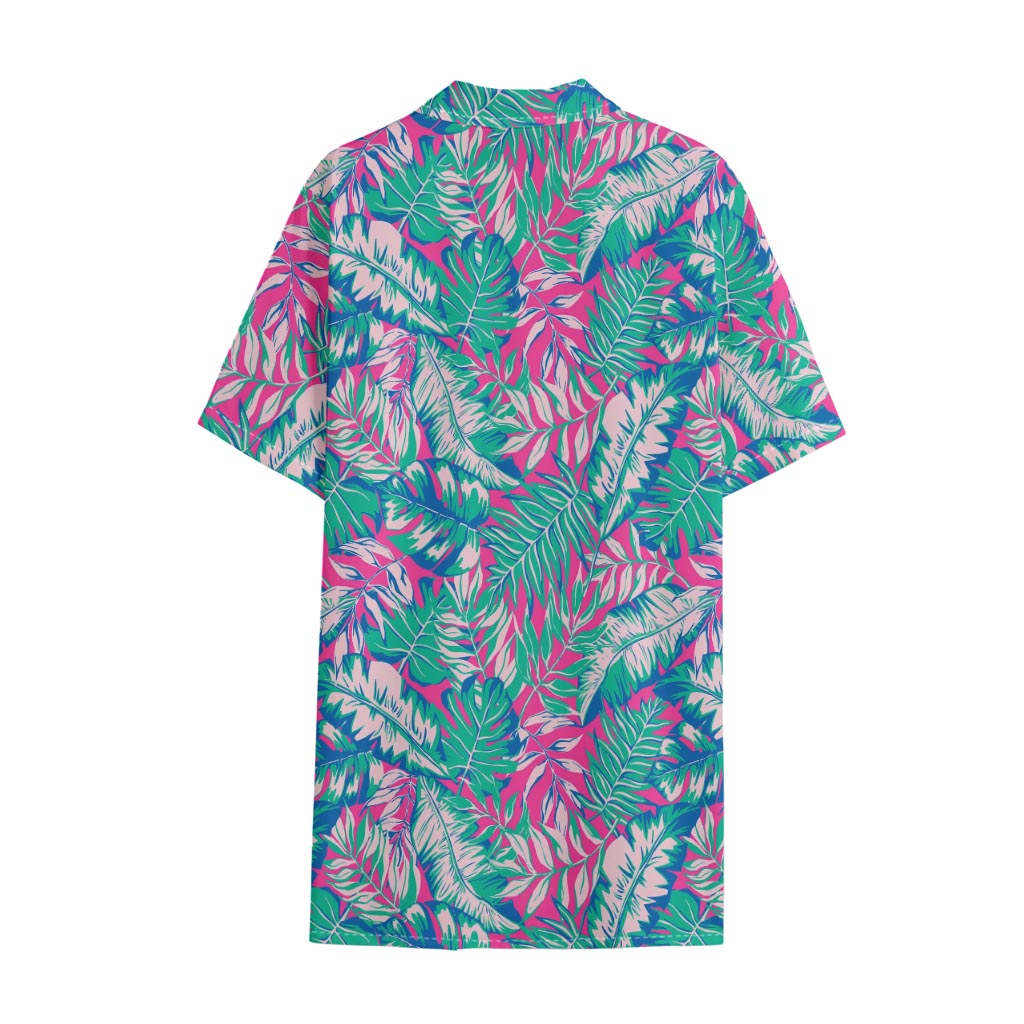 Teal Pink Blossom Tropical Pattern Print Cotton Hawaiian Shirt
