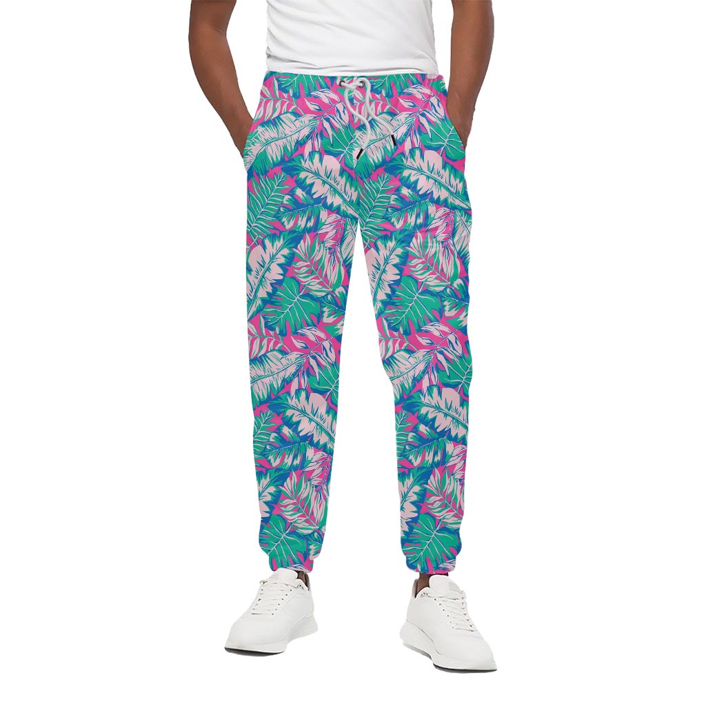 Teal Pink Blossom Tropical Pattern Print Cotton Pants