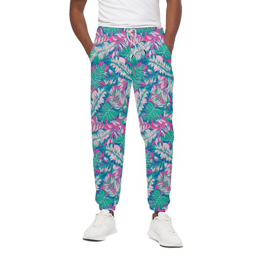 Teal Pink Blossom Tropical Pattern Print Cotton Pants