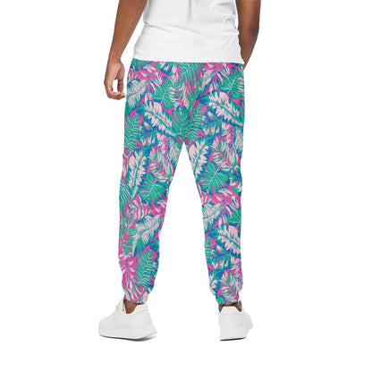 Teal Pink Blossom Tropical Pattern Print Cotton Pants