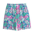 Teal Pink Blossom Tropical Pattern Print Cotton Shorts