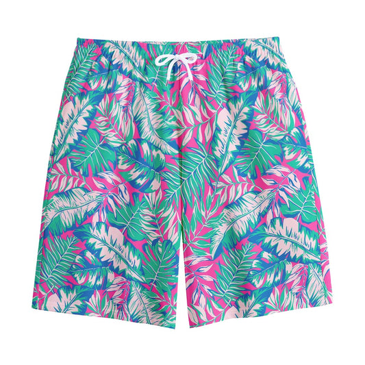 Teal Pink Blossom Tropical Pattern Print Cotton Shorts