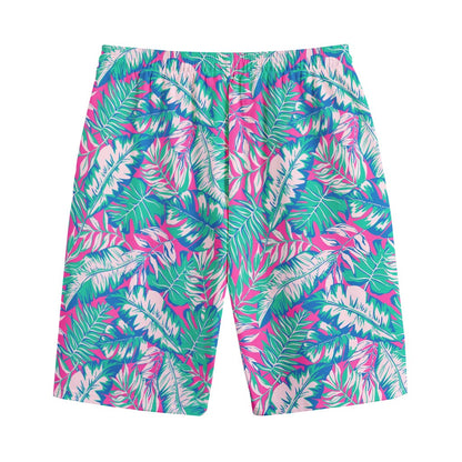 Teal Pink Blossom Tropical Pattern Print Cotton Shorts