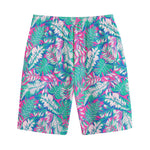 Teal Pink Blossom Tropical Pattern Print Cotton Shorts