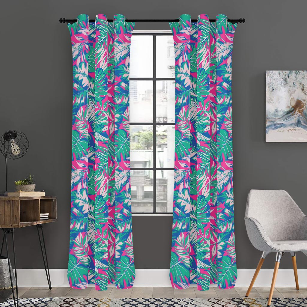 Teal Pink Blossom Tropical Pattern Print Curtain