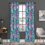 Teal Pink Blossom Tropical Pattern Print Curtain