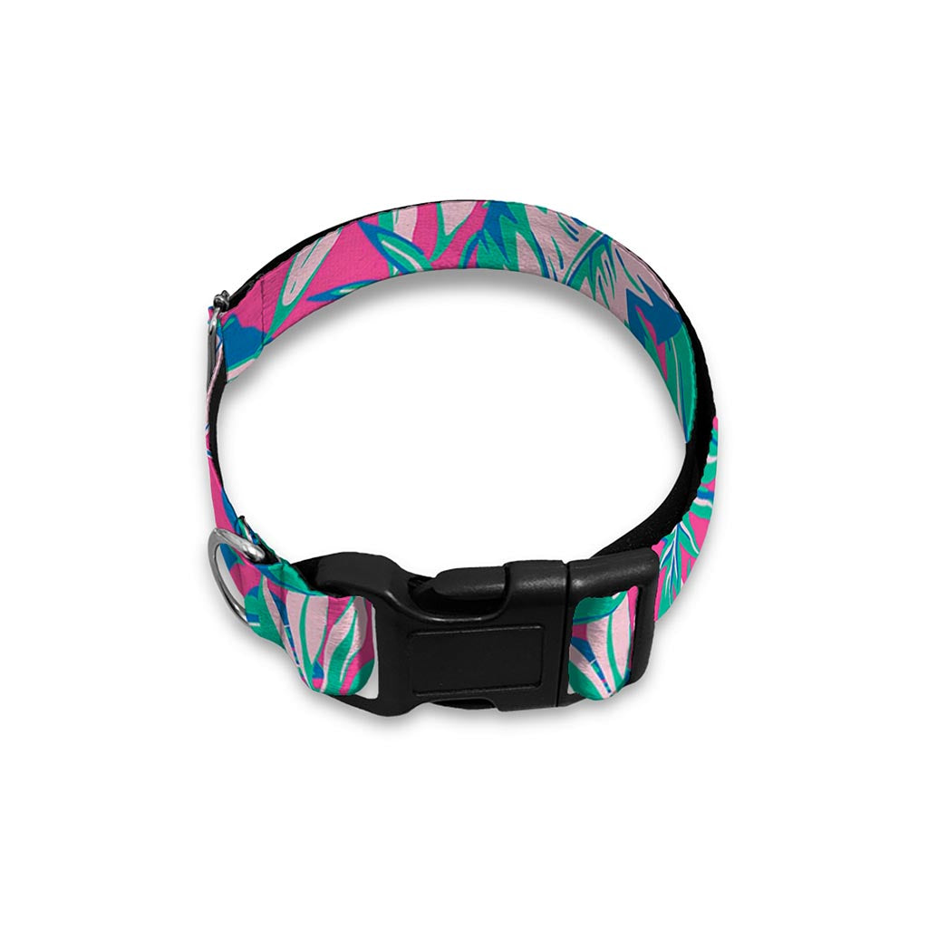 Teal Pink Blossom Tropical Pattern Print Dog Collar