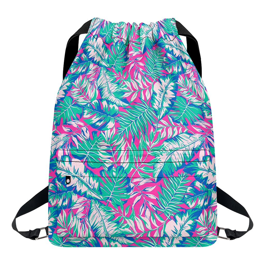 Teal Pink Blossom Tropical Pattern Print Drawstring Backpack