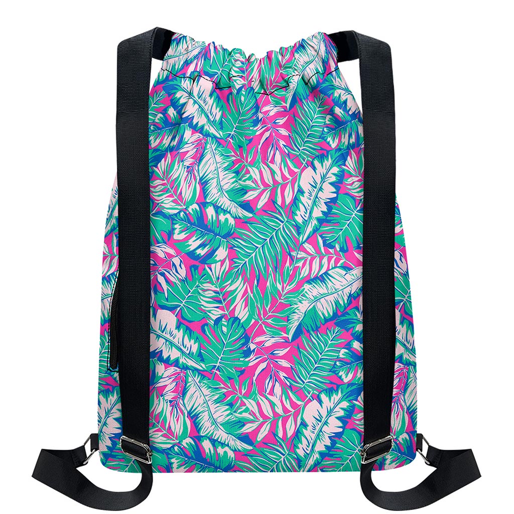 Teal Pink Blossom Tropical Pattern Print Drawstring Backpack