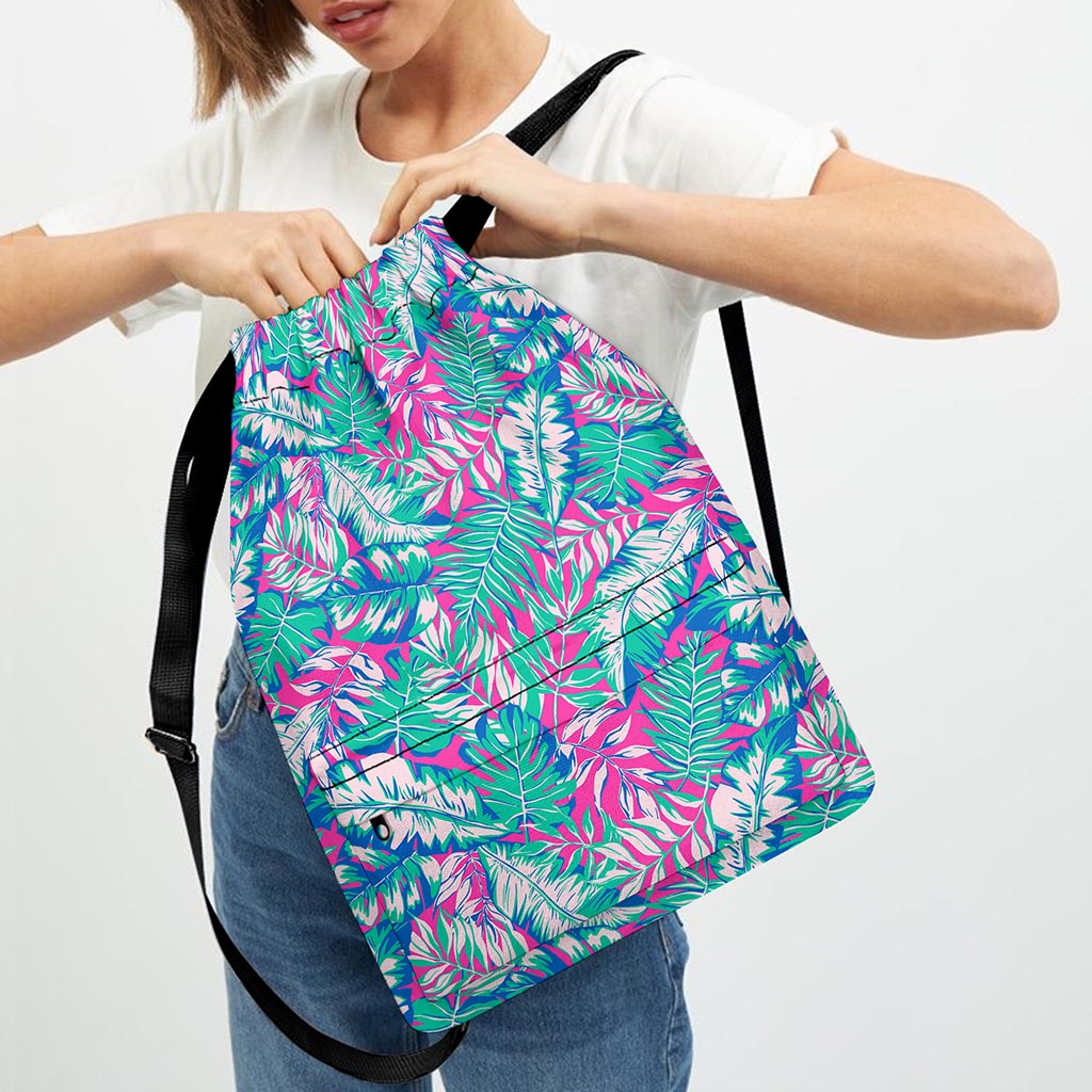 Teal Pink Blossom Tropical Pattern Print Drawstring Backpack