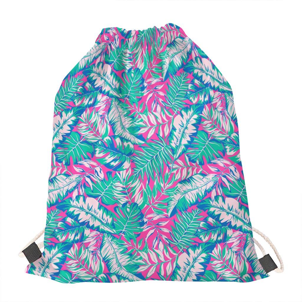 Teal Pink Blossom Tropical Pattern Print Drawstring Bag
