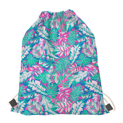 Teal Pink Blossom Tropical Pattern Print Drawstring Bag