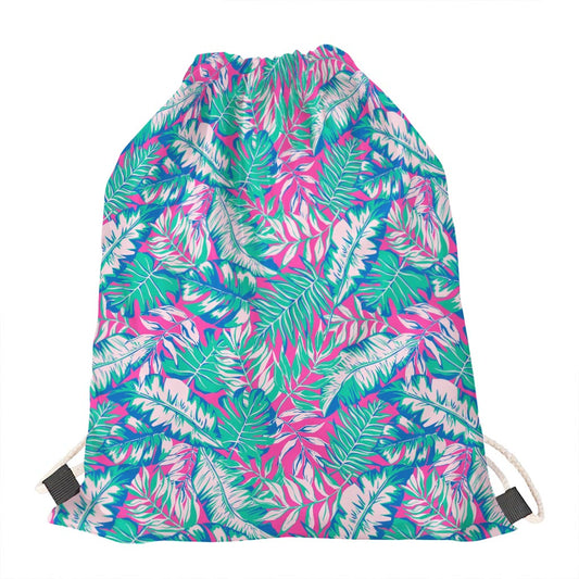 Teal Pink Blossom Tropical Pattern Print Drawstring Bag