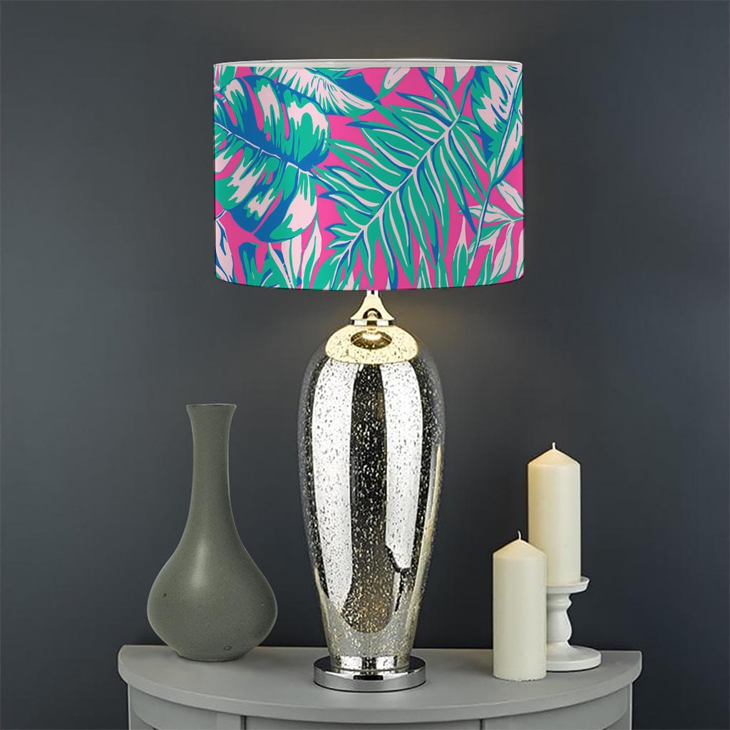 Teal Pink Blossom Tropical Pattern Print Drum Lamp Shade