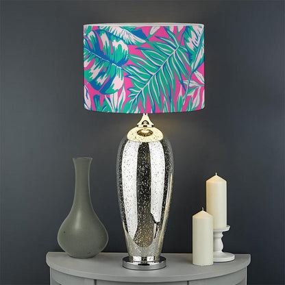 Teal Pink Blossom Tropical Pattern Print Drum Lamp Shade