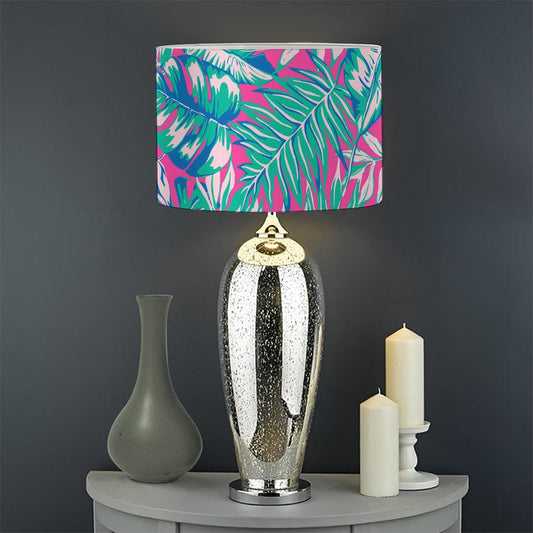 Teal Pink Blossom Tropical Pattern Print Drum Lamp Shade