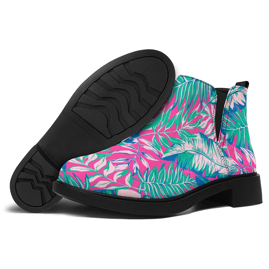 Teal Pink Blossom Tropical Pattern Print Flat Ankle Boots
