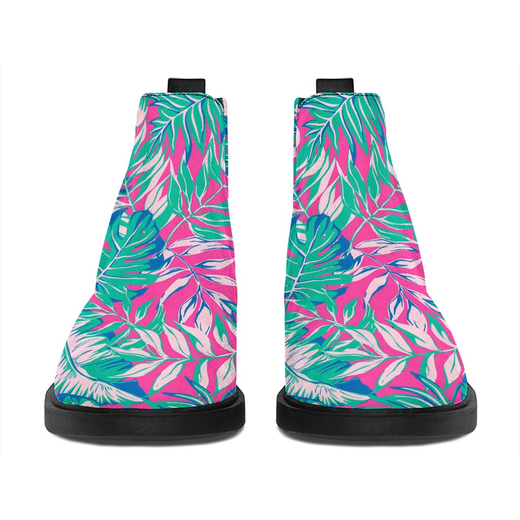 Teal Pink Blossom Tropical Pattern Print Flat Ankle Boots