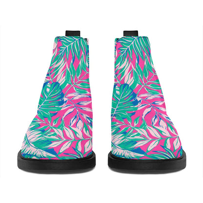 Teal Pink Blossom Tropical Pattern Print Flat Ankle Boots