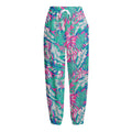 Teal Pink Blossom Tropical Pattern Print Fleece Lined Knit Pants
