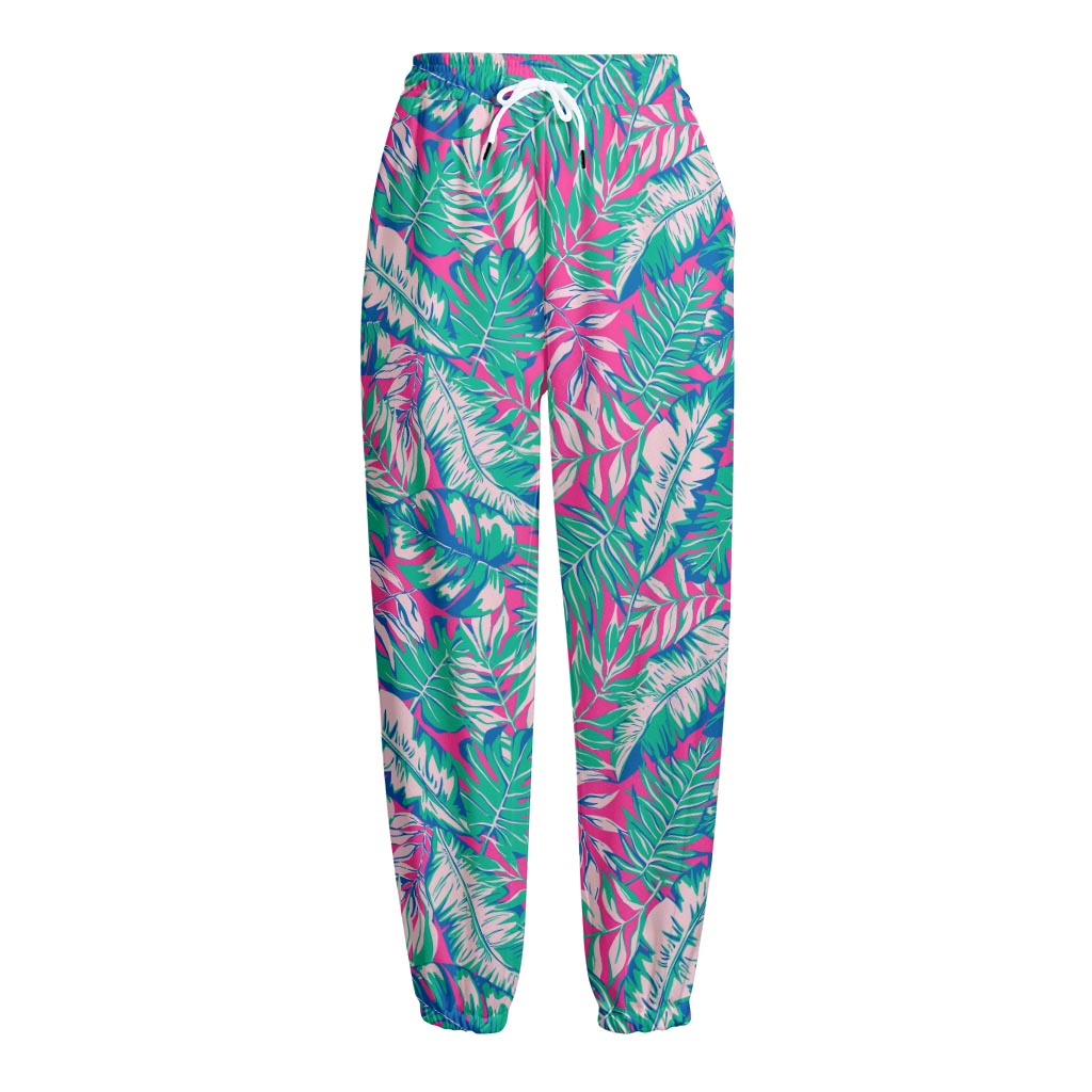 Teal Pink Blossom Tropical Pattern Print Fleece Lined Knit Pants