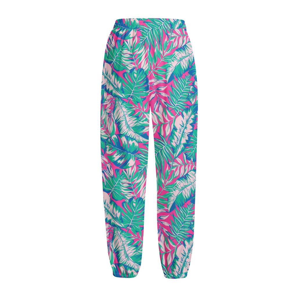 Teal Pink Blossom Tropical Pattern Print Fleece Lined Knit Pants