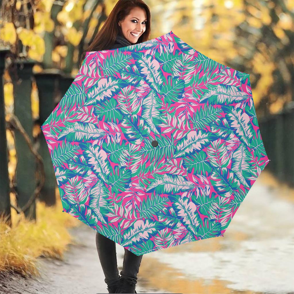 Teal Pink Blossom Tropical Pattern Print Foldable Umbrella