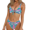 Teal Pink Blossom Tropical Pattern Print Front Bow Tie Bikini