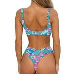 Teal Pink Blossom Tropical Pattern Print Front Bow Tie Bikini