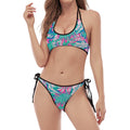 Teal Pink Blossom Tropical Pattern Print Halter Scoop Tie Side Bikini
