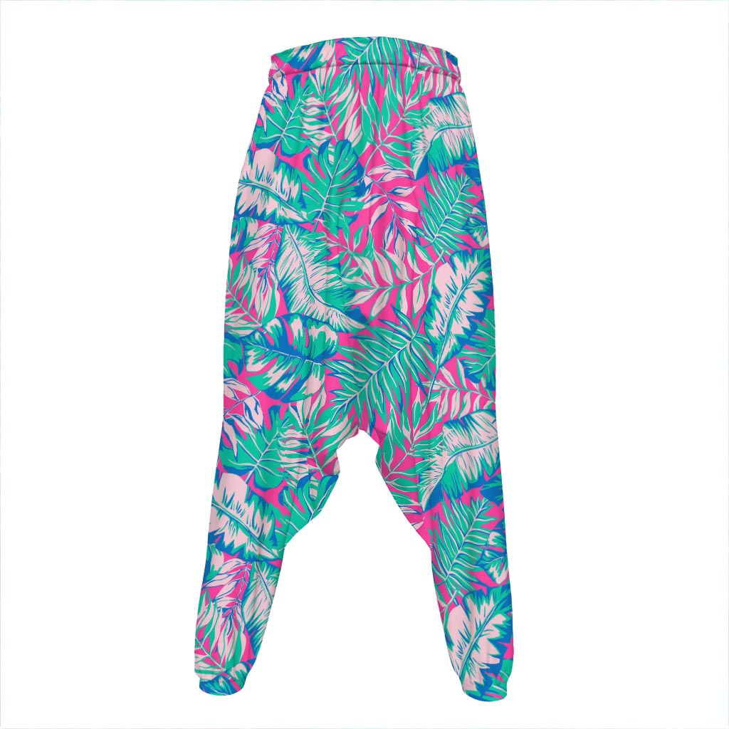 Teal Pink Blossom Tropical Pattern Print Hammer Pants