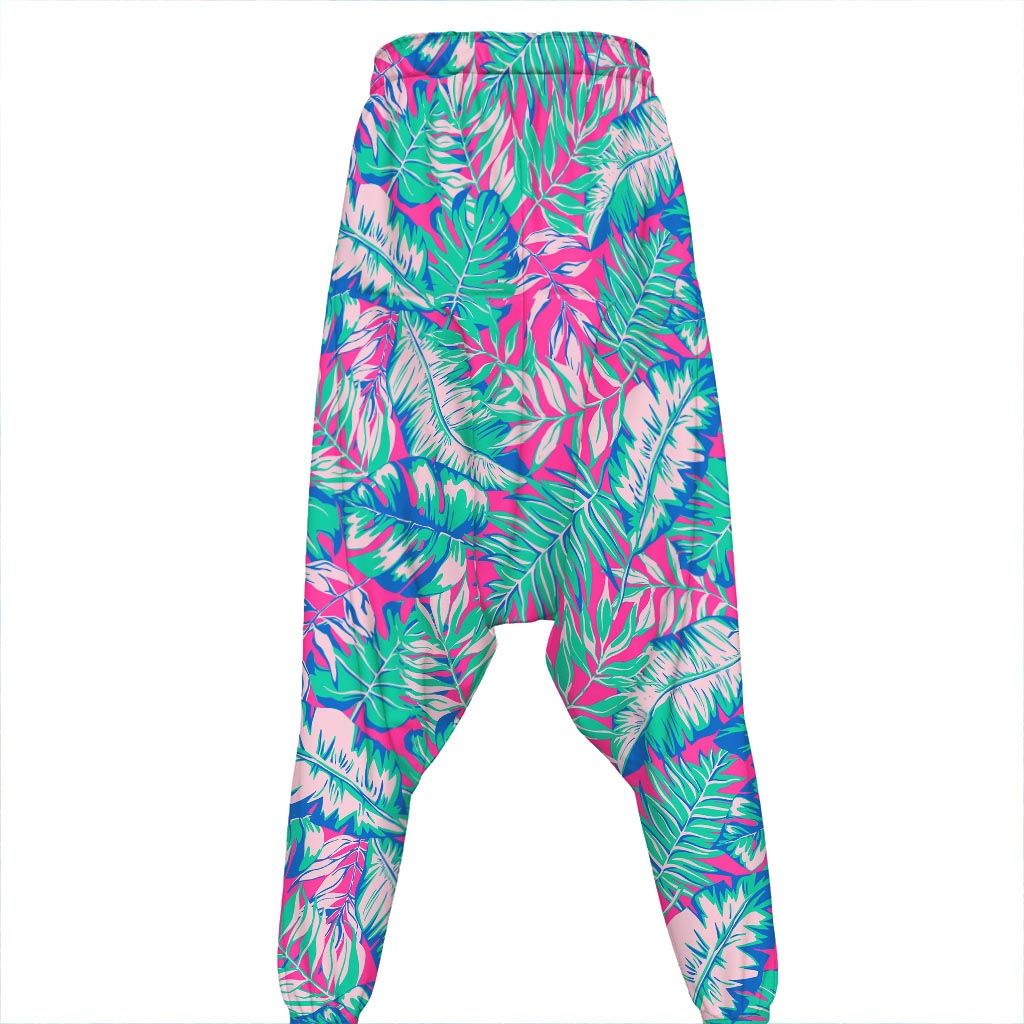 Teal Pink Blossom Tropical Pattern Print Hammer Pants
