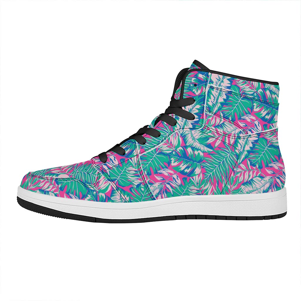 Teal Pink Blossom Tropical Pattern Print High Top Leather Sneakers