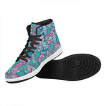 Teal Pink Blossom Tropical Pattern Print High Top Leather Sneakers
