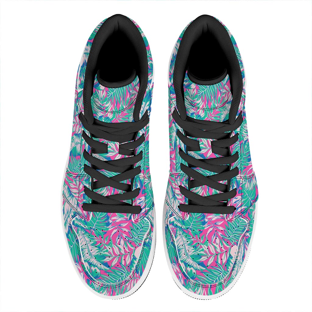 Teal Pink Blossom Tropical Pattern Print High Top Leather Sneakers