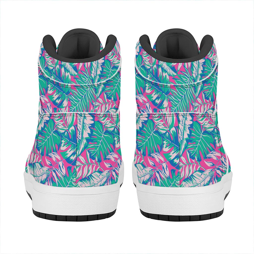 Teal Pink Blossom Tropical Pattern Print High Top Leather Sneakers