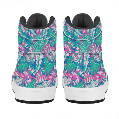 Teal Pink Blossom Tropical Pattern Print High Top Leather Sneakers