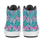 Teal Pink Blossom Tropical Pattern Print High Top Leather Sneakers